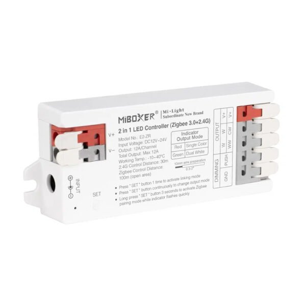 Mi-Light E2-ZR Zigbee 3.0 2-in-1 LED Controller – Zigbee & 2.4GHz Smart Controller for Single Colour or CCT LED Strips