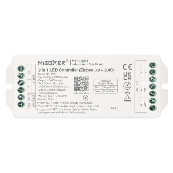 MiBoxer PZ2 2-in-1 Zigbee LED Controller, 12V-48V, 20A, for Single Colour or CCT LED Strips