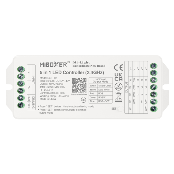 MiBoxer PR5 5-in-1 LED Strip Controller, 12V–48V, 20A, 2.4GHz RF